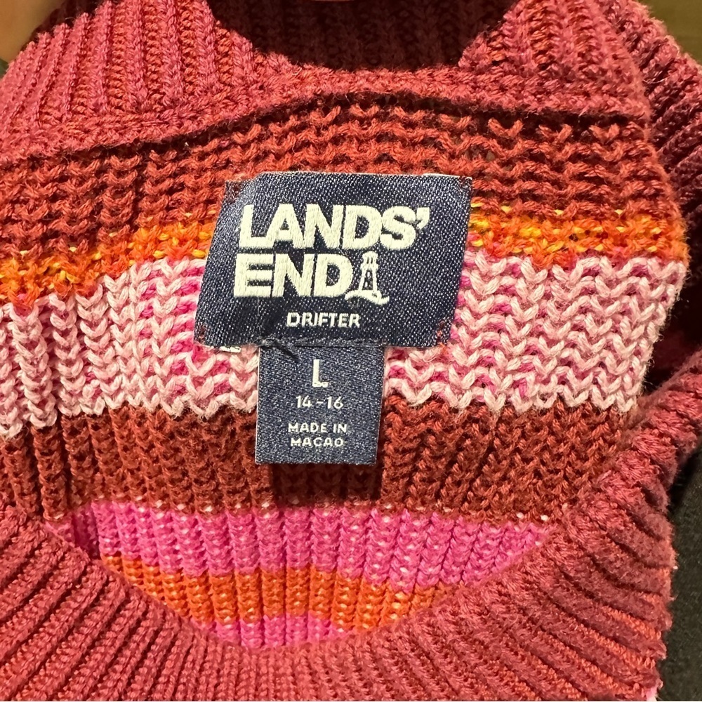 Lands End color block sweater striped burgundy ribbed cotton L - Picture 6 of 11